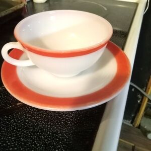 Pink Pyrex milk glass cup and saucer